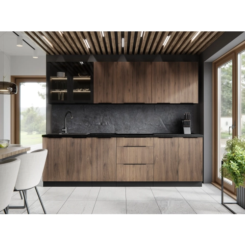 Zestaw mebli kuchennych MONZA 260 cm orzech okapi / czarny mat