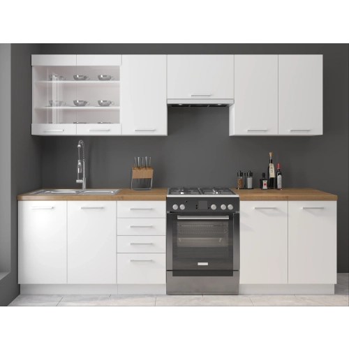 Zestaw mebli kuchennych EKO WHITE 260 cm z szafką pod okap laminat biały