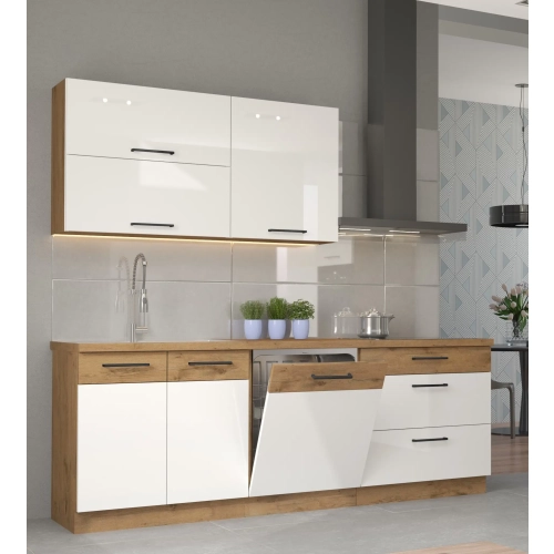 Zestaw mebli kuchennych VIGO 220 cm biały połysk / dąb lancelot